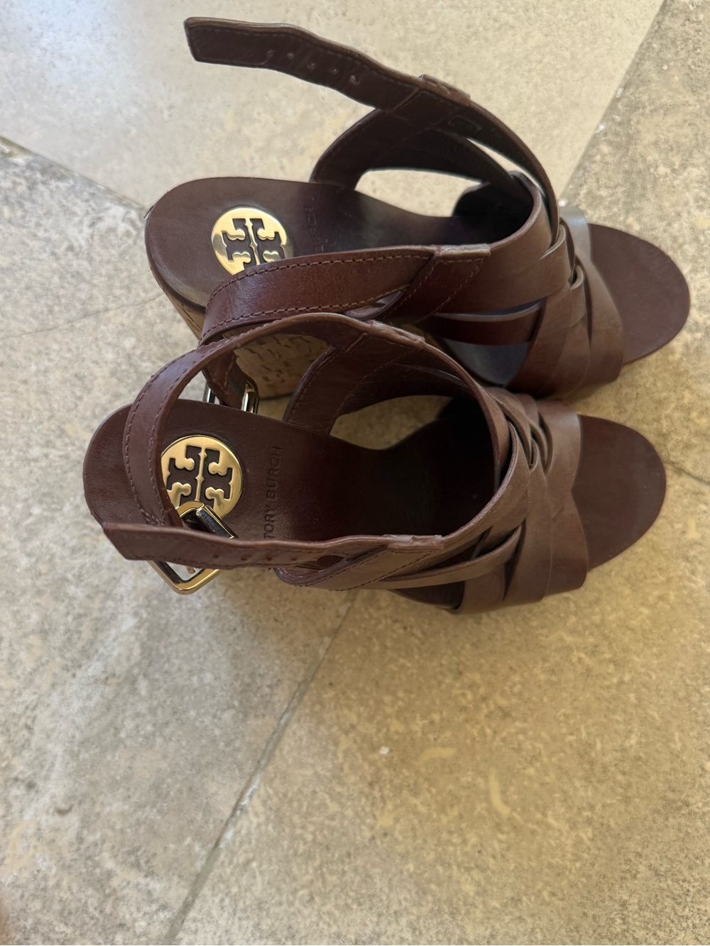 Tory Burch Chocolate Brown Leather Strappy Wedge Sandals with Gold Logo
